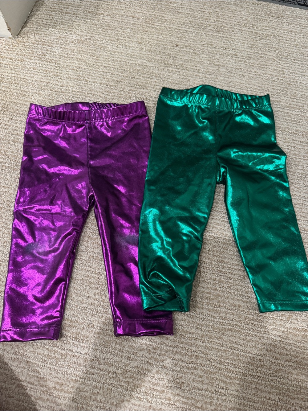 Mardi Gras Metallic Purple and Green Kids Leggings - Shiny Stretch Bottoms